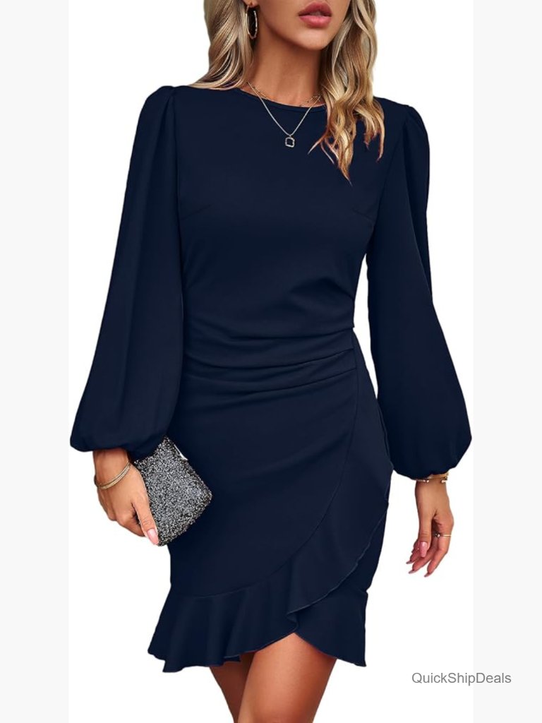 Long Sleeve Zipper Bodycon Mini Dress With Ruffle Hem Polyester